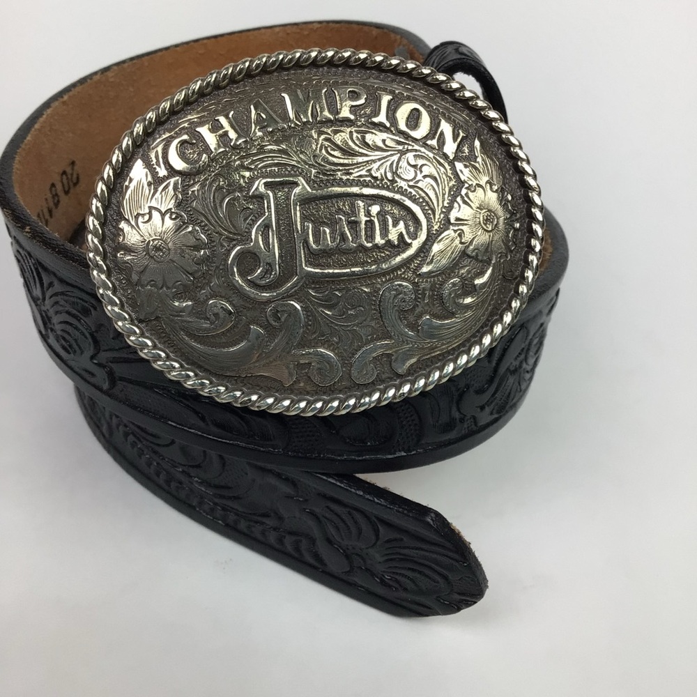 Justin Boots Mutton Bustin' Champion Rodeo JR Kids Belt Buckle & Cowhide Belt